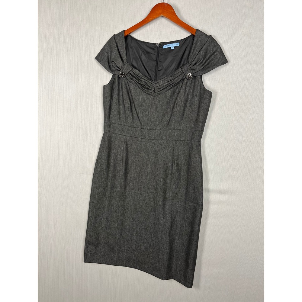 Antonio Melani Dress Womens 12 Gray Sheath Cap Sleeve Herringbone Professional